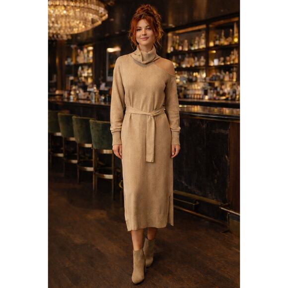 Paige Dresses & Skirts - Paige Raundi Womens M Camel Shoulder Cutout Ribbed Wool Blend Sweater Dress NWT